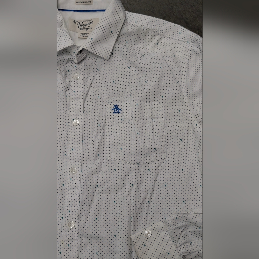 Original Penguin White and Blue Polka Dot Shirt, X-Large